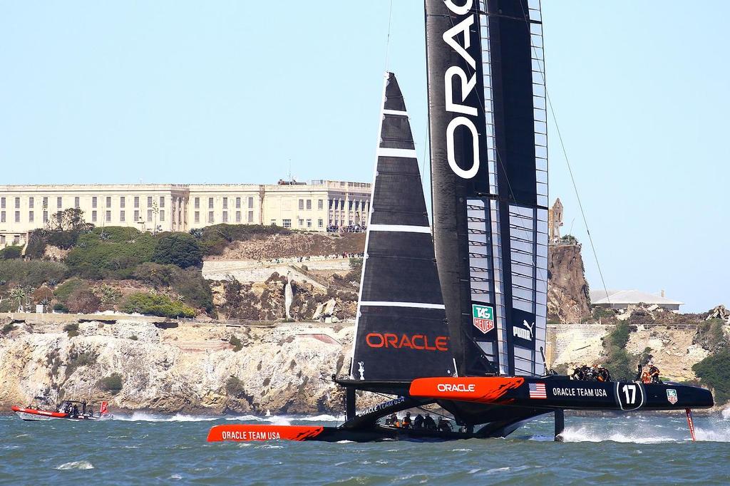 Oracle Team USA v Emirates Team New Zealand. America’s Cup Day 6 San Francisco. Oracle Team USA foil tacks on Leg 3 of Race 10 - note the position of the jib © Richard Gladwell www.photosport.co.nz